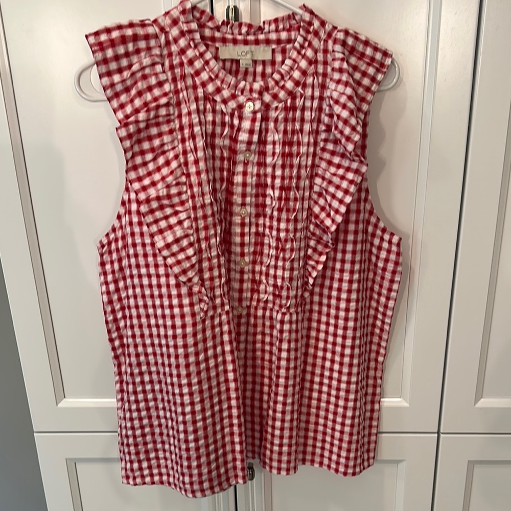 LOFT Red and White Ruffled Bib Collar Blouse